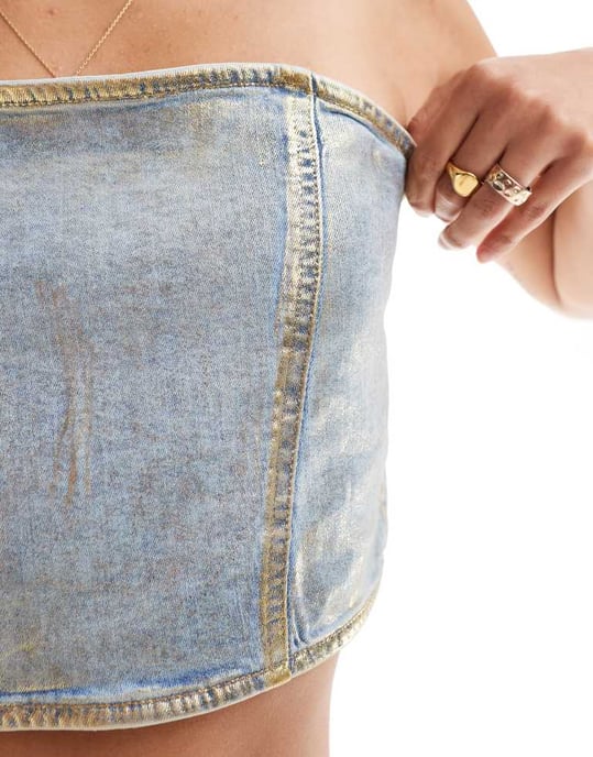 ASOS DESIGN denim bandeau top in metallic gold foil - Image 3