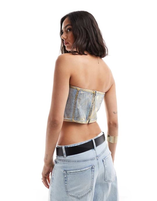 ASOS DESIGN denim bandeau top in metallic gold foil - Image 4