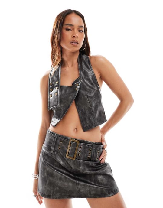 ASOS DESIGN faux leather top co-ord in washed black - Image 1