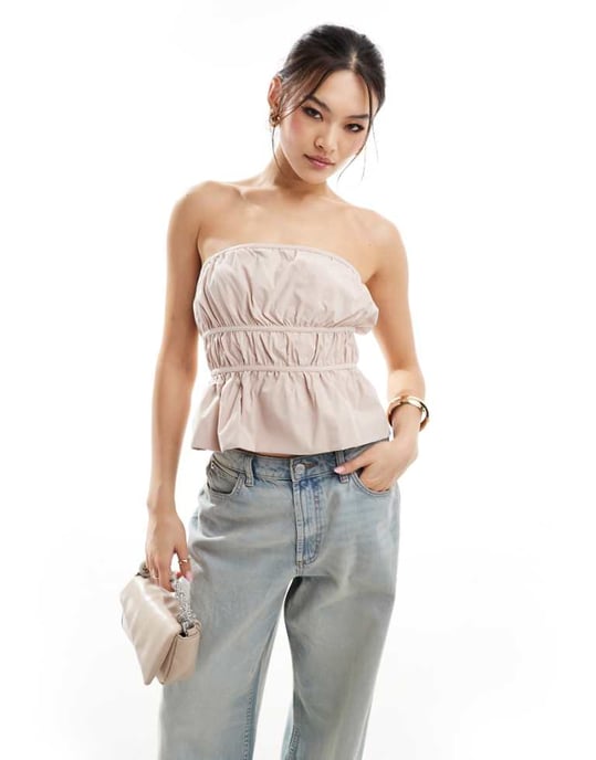ASOS DESIGN bubble hem shirred bandeau top with tie back in stone - Image 1