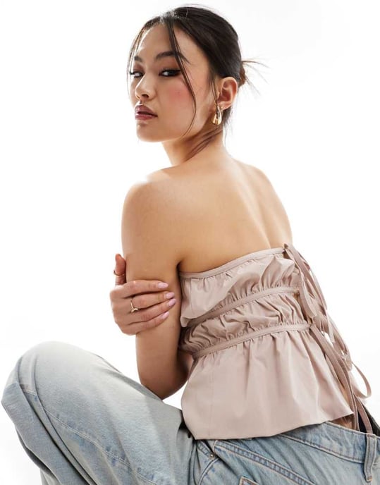 ASOS DESIGN bubble hem shirred bandeau top with tie back in stone - Image 2
