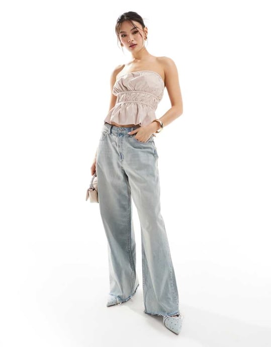 ASOS DESIGN bubble hem shirred bandeau top with tie back in stone - Image 3