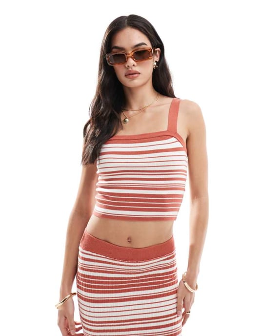 Pieces super soft knitted crop top co-ord in brick stripe - Image 1