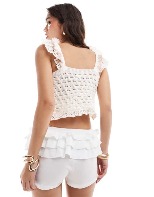 ASOS DESIGN knitted top with broderie trim in cream - Image 2