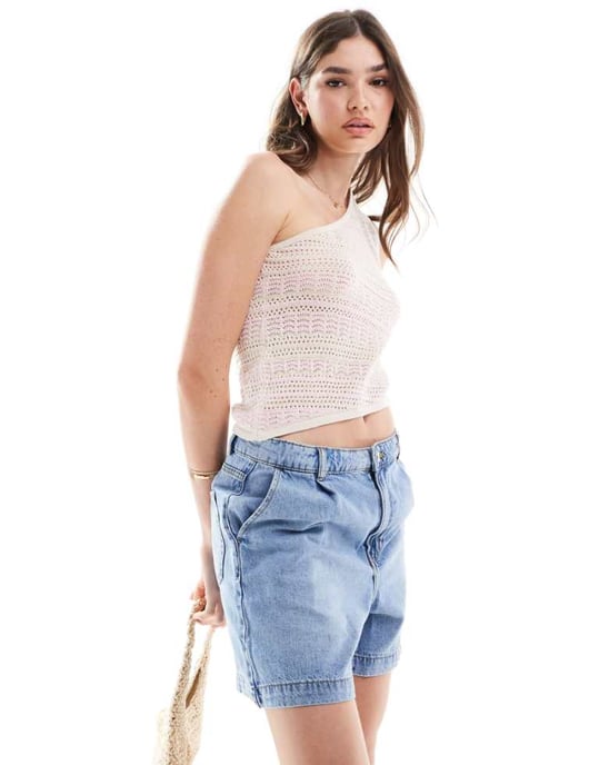 ASOS DESIGN knitted one shoulder top in pink stripe - Image 1
