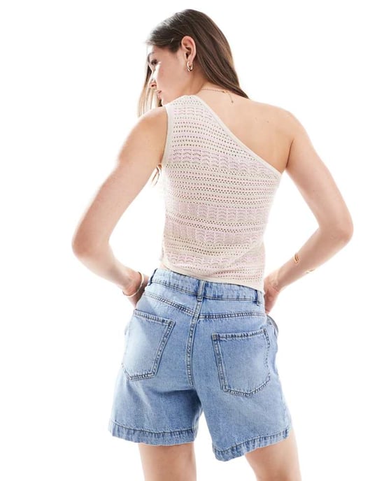 ASOS DESIGN knitted one shoulder top in pink stripe - Image 2