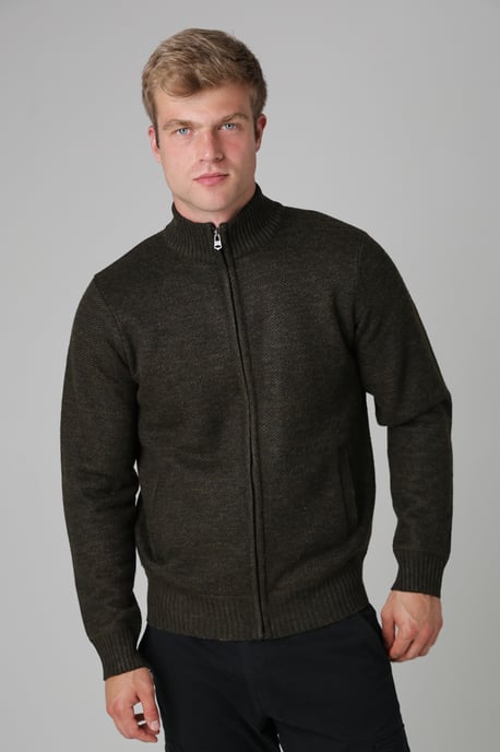 Khaki Sherpa Lined Zip-Through Cardigan - Image 1