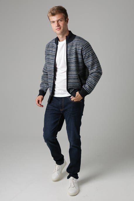 Navy Jacquard Fleece-Lined Zip-Through Cardigan - Image 3