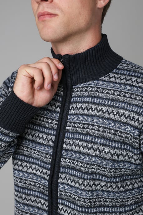 Navy Jacquard Fleece-Lined Zip-Through Cardigan - Image 5