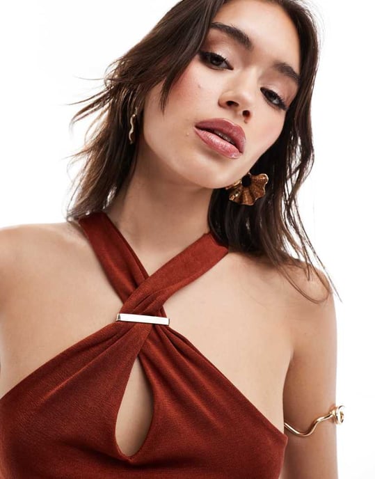 ASOS DESIGN slinky halter top with trim detail in rust - Image 3