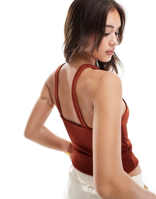 ASOS DESIGN slinky halter top with trim detail in rust - Image 4