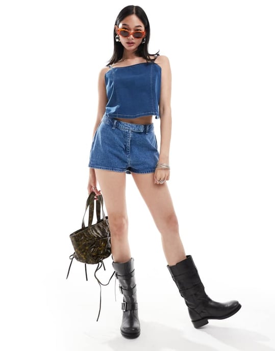 Denim Project strappy denim top in midwash blue - Image 3