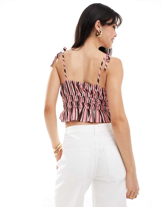 Wednesday's Girl striped tie shoulder cami top in pink - Image 2