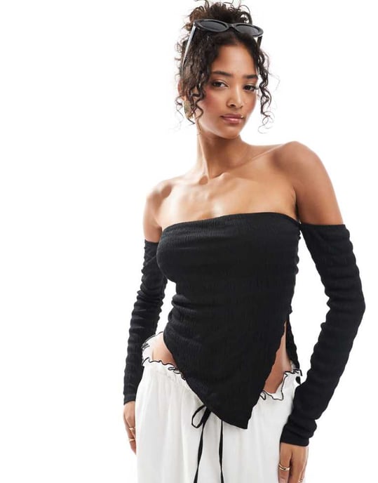 ASOS DESIGN textured bardot top with asymmetric hem in black - Image 1