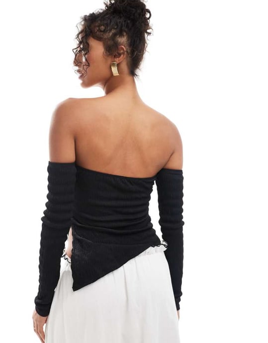 ASOS DESIGN textured bardot top with asymmetric hem in black - Image 4