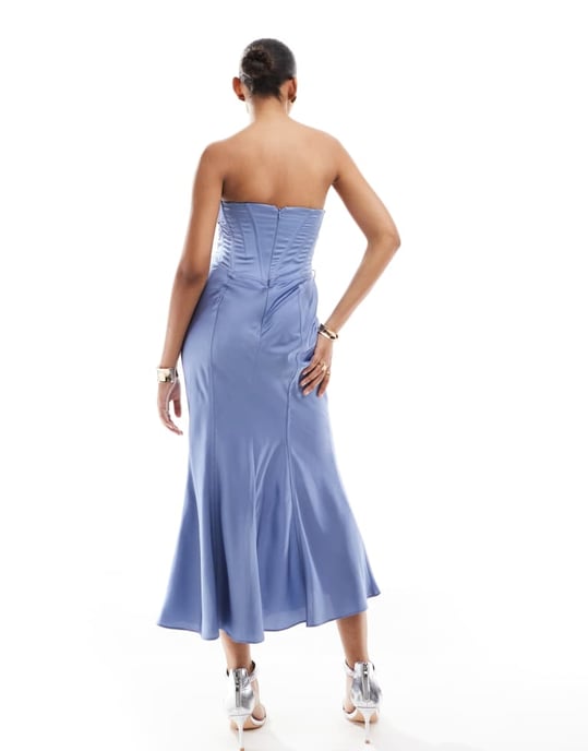 ASOS DESIGN corset detail lace up satin midi dress with full skirt in soft blue - Image 4