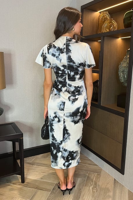 Black And White Marble Print Flutter Sleeve Wrap Top Gathered Midi Dress - Image 4
