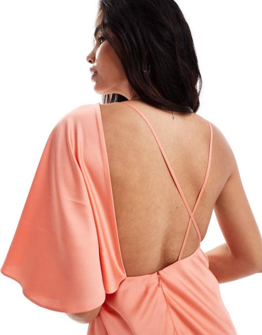 ASOS DESIGN fallen shoulder twisted satin midi dress in coral - Image 2