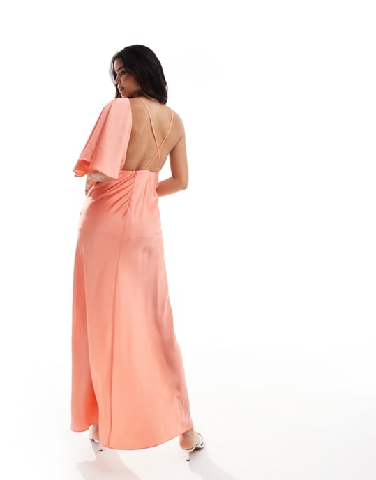 ASOS DESIGN fallen shoulder twisted satin midi dress in coral - Image 3