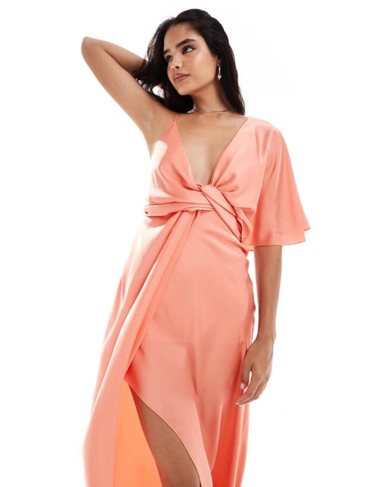 ASOS DESIGN fallen shoulder twisted satin midi dress in coral - Image 4