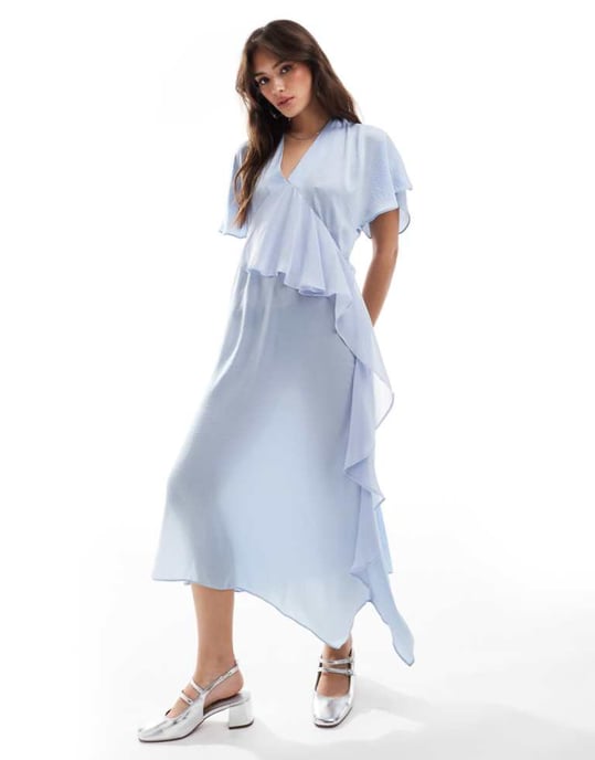 ASOS DESIGN satin asym frill detail midi dress in light blue - Image 1