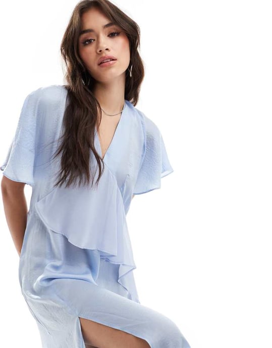 ASOS DESIGN satin asym frill detail midi dress in light blue - Image 2