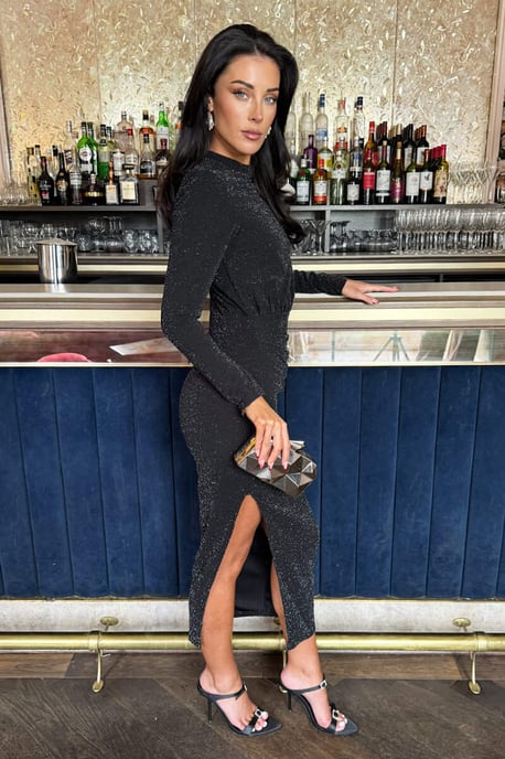 Black Sparkly Long Sleeve Ruched Bodycon Midi Dress - Image 1