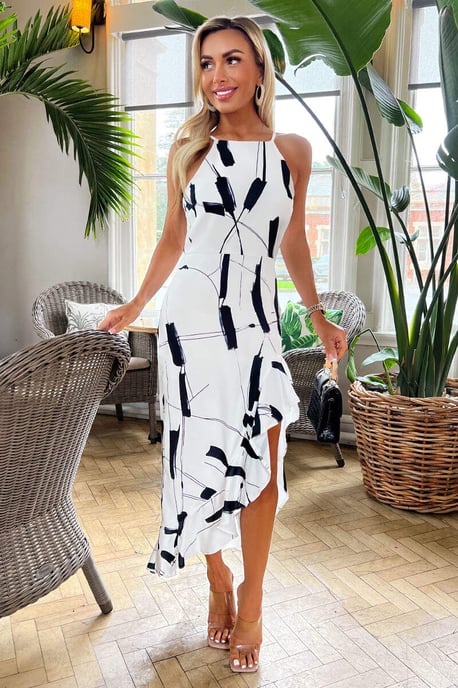 Black And White Frill Hem High Neck Midi Dress - Image 1