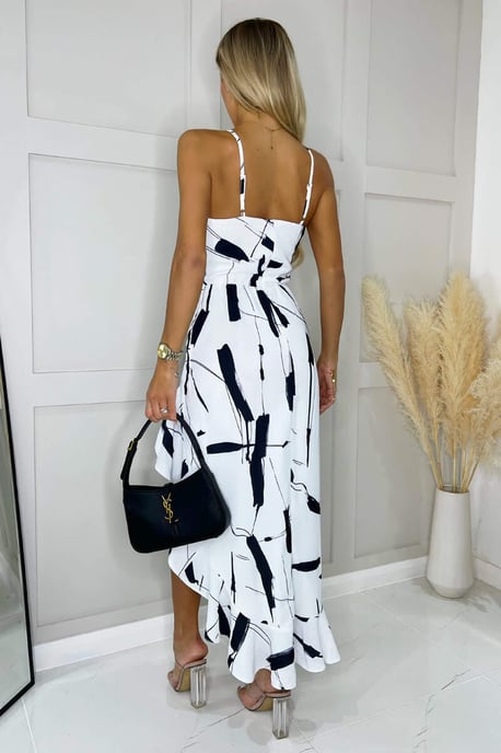 Black And White Frill Hem High Neck Midi Dress - Image 3