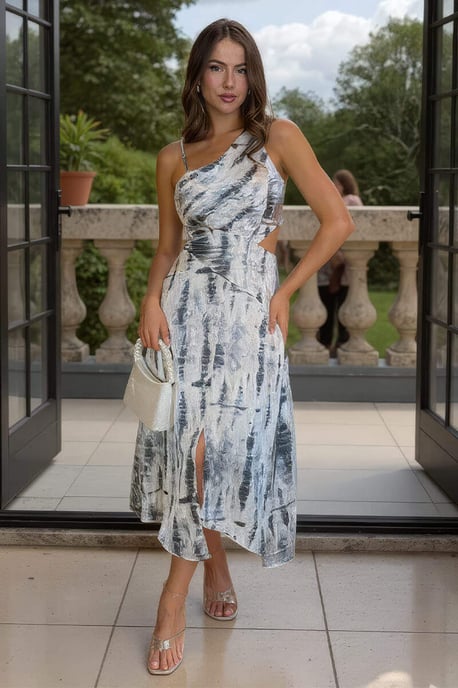 Grey Printed Strap Detail Asymmetric Cut Out Midi Dress - Image 1