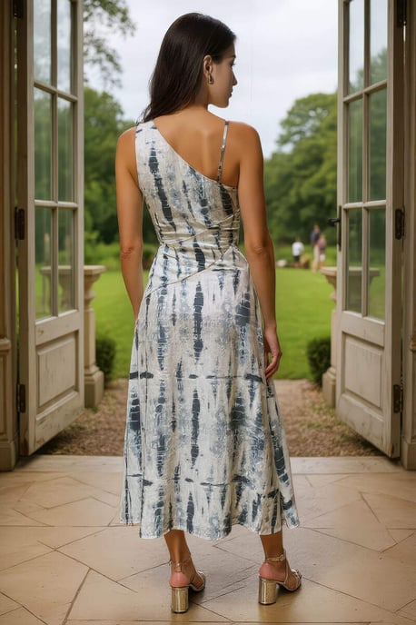 Grey Printed Strap Detail Asymmetric Cut Out Midi Dress - Image 4