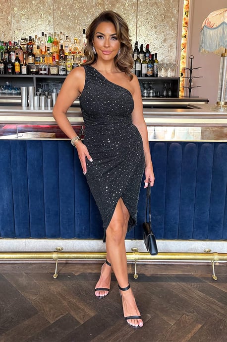 Black Metallic Sparkle and Sequin One Shoulder Draped Wrap Skirt Midi Dress - Image 4