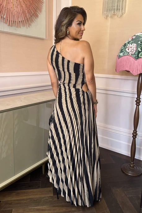 Beige Striped Print One Shoulder Pleated Midi Dress - Image 4