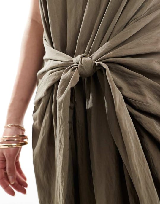 ASOS DESIGN scoop neck tie front midi dress in khaki - Image 2