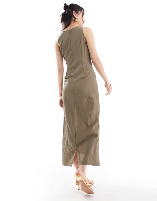 ASOS DESIGN scoop neck tie front midi dress in khaki - Image 3