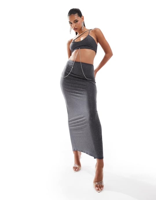 ASOS DESIGN cross strap hotfix midi dress with diamante body chain detail in charcoal - Image 1