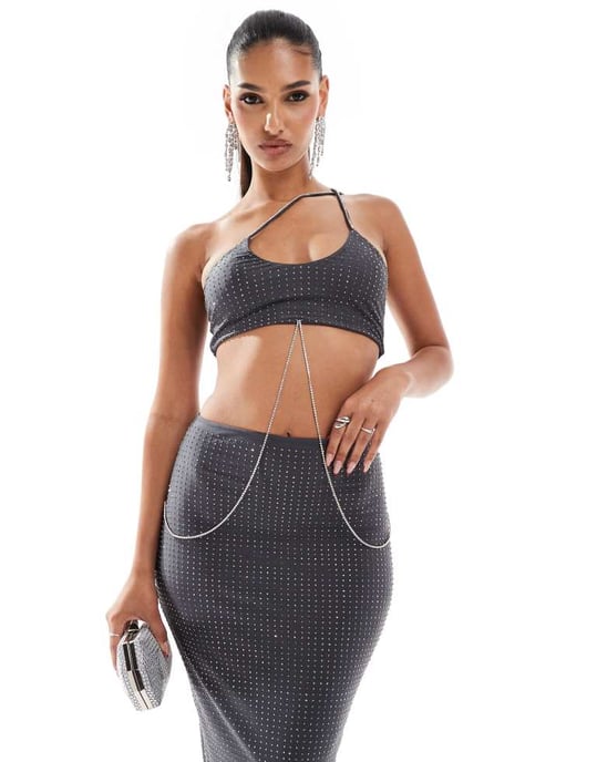 ASOS DESIGN cross strap hotfix midi dress with diamante body chain detail in charcoal - Image 2