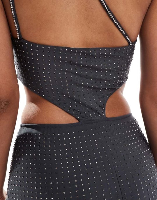 ASOS DESIGN cross strap hotfix midi dress with diamante body chain detail in charcoal - Image 3