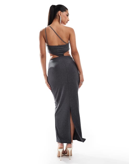 ASOS DESIGN cross strap hotfix midi dress with diamante body chain detail in charcoal - Image 4