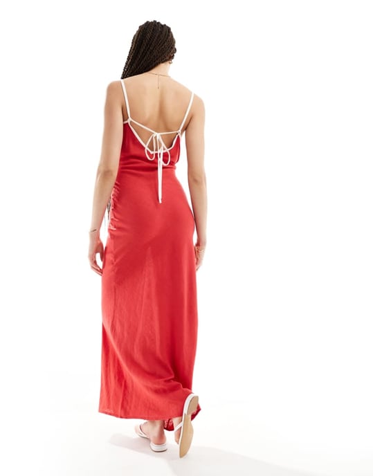 ASOS DESIGN Tall linen slip dress with contrast binding in cherry red - Image 3