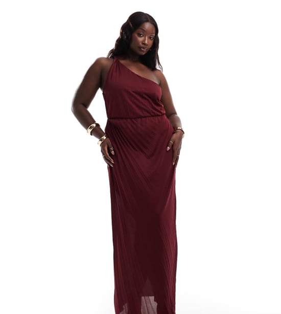 ASOS DESIGN Curve twist one shoulder pleated maxi dress in berry - Image 1