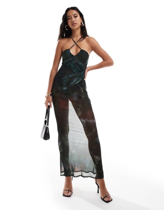 ASOS DESIGN sheer asymmetric strappy neckline layered ruched maxi dress with body in abstract print - Image 1