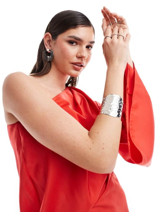ASOS DESIGN satin off shoulder asymmetric maxi dress in red - Image 2
