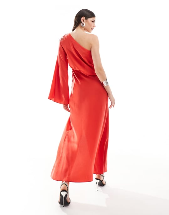 ASOS DESIGN satin off shoulder asymmetric maxi dress in red - Image 3