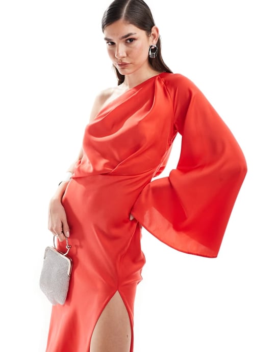 ASOS DESIGN satin off shoulder asymmetric maxi dress in red - Image 4