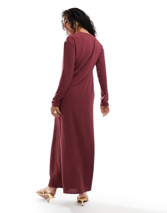 ASOS DESIGN long sleeve maxi dress with ruched side in mulberry - Image 2