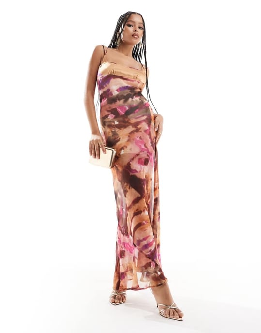 ASOS DESIGN double strap maxi dress with hook and eye split in blurred print - Image 1