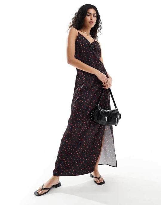 Selected Femme cami maxi satin dress with ruched detail in floral print - Image 1