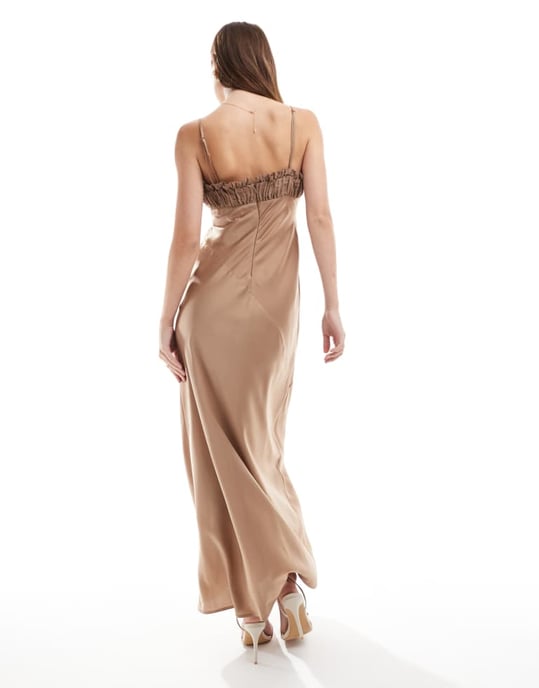 ASOS DESIGN contrast frill bodice satin maxi dress with thigh split in mocha - Image 3