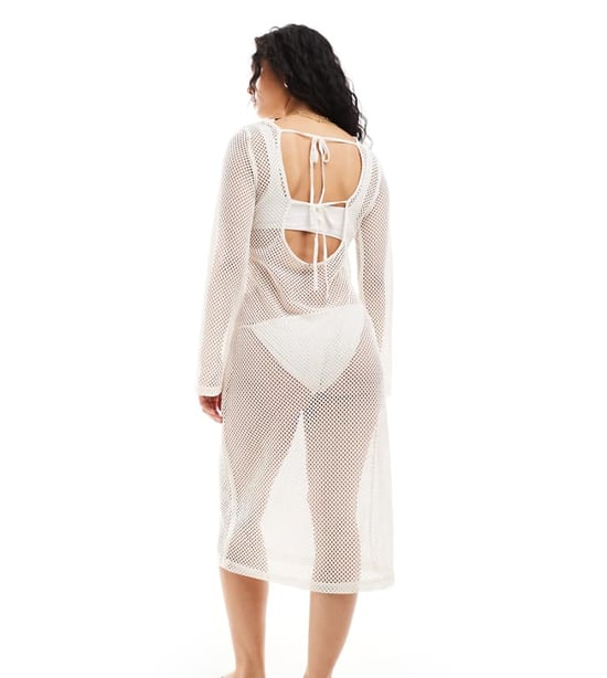 Pieces open knit beach midi dress with bell sleeves in cream - Image 1